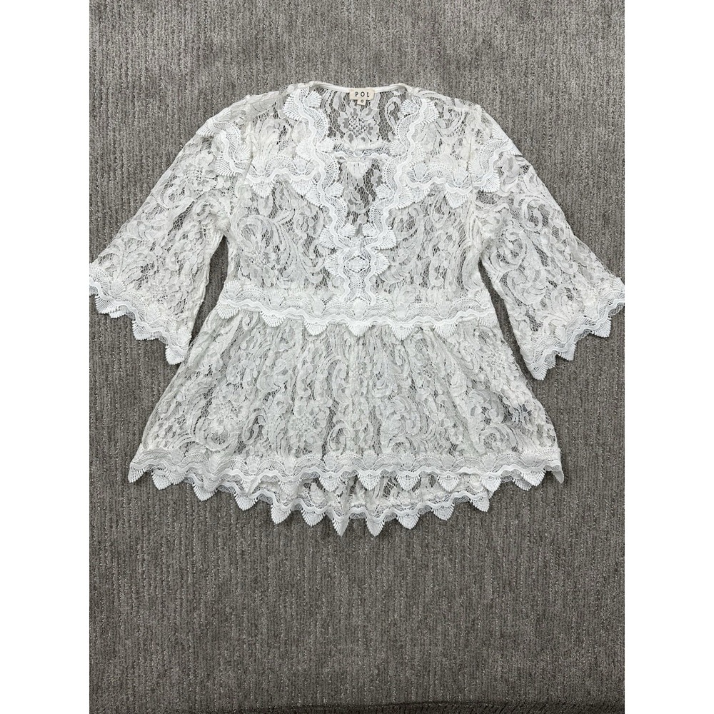 POL Lace Crochet Top Women's Small White Ivory Boho Blouse Festival Peasant Top